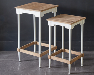 set of 2 arabella side tables, creamy white legs with light beige tan wood tops, JaBella Designs