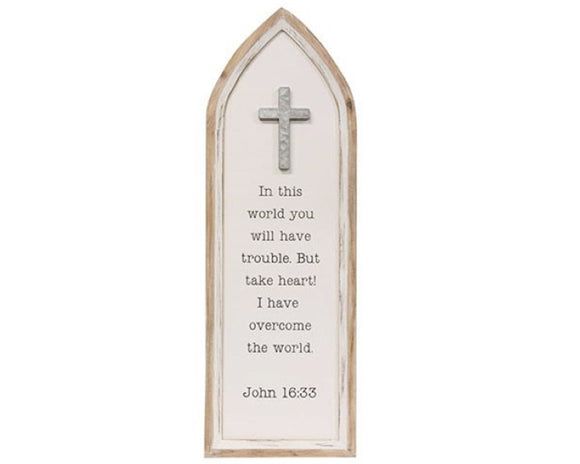This wooden sign features a cathedral window design. It has a natural wood frame and cream background that reads, 
