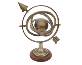 Antiqued brass armillary with wood base

Our armillary is an antique reproduction of a Ptolemaic armillary, which means that it has the Earth as its center rather than the sun. An elegant piece, this will look just right in an old world or nautical style den, office or living space. Perfect for adding height to a tabletop or shelf vignette.

Materials:
Brass, mango wood

Dimensions:
8" diameter x 9 1/2" high