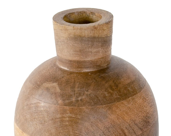 Wooden vase with a textured surface on a white background