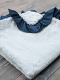 Luxurious navy blue &amp; silvery gray ribbon blanket
*Made to order*

Made from high-quality Minky fabrics, which comprise luxuriously soft microfibers, this navy blue and pale gray baby blanket features a matching satin ruffle trim. It is the perfect size for nap time cuddles. This blanket would be a great choice for a baby shower gift.

This item is proudly made in the USA.

