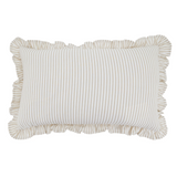 A rectangular decorative pillow with vertical cream and beige stripes and a ruffled fabric border, shown against a plain white background.