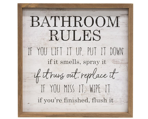 Wooden 'Bathroom Rules' framed wall sign