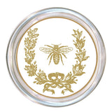 Decorative round emblem with a bee and laurel wreath design on a white background