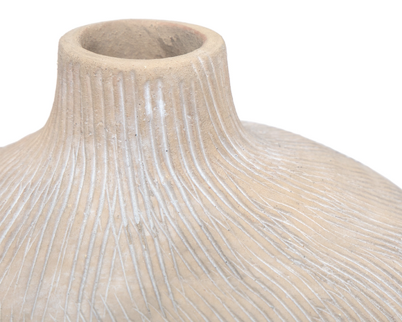 This ribbed vase is an elevated decorative accent that blends timeless form with understated elegance, making it a versatile addition to modern interiors. Crafted from ceramic and finished in a warm beige tone, this vase offers a balanced scale that works beautifully on shelves, mantels, or console tables. Its subtle vertical gray-toned lines create a refined texture that introduces depth and movement without overwhelming surrounding decor.