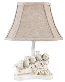 Bird chorus accent lamp with shade  Five little birds sitting on a branch, preparing a song, give this lamp its whimsical character. It comes with a neutral shade that is lined with an elegant light brown-toned toile. This gender neutral table lamp is a fun way to add charm and nature to a nursery.&nbsp;  Materials: Resin, metal, linen blend  Dimensions: 9" wide x 6" deep x 13" high&nbsp;