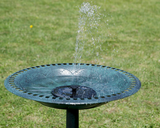 Bird bath with water fountain on a grassy background