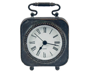Black distressed square carriage clock

Experience the timeless elegance of our square carriage clock. It is perfect for those who appreciate traditional country house aesthetics. Whether for your home or as a thoughtful gift, this clock is sure to add a touch of classic charm to any setting.

Materials:
Metal, plastic

Dimensions:
3" wide x 1 1/4" deep x 6 1/4" high