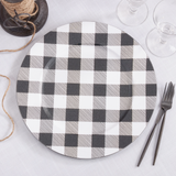 Black &amp; white buffalo check plate charger  Give your dinner table a stylish presentation update with this charger plate set in a timeless and classic buffalo plaid design. It adds the perfect country accent for the year-round use or holiday entertaining. Combine it with a solid runner or tablecloth and dinnerware to add the perfect contrast.&nbsp;  These chargers are sold individually or in lots of four.  Materials: Plastic  Dimensions: 14" in diameter overall  Care: Hand-wash only&nbsp;