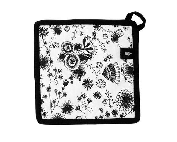Black floral pattern pot holder on a white background with a black border