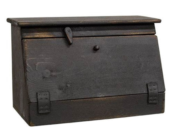 Black wooden bread box

This bread box is an attractive, functional container with a black painted finish and distressed detailing. It is wood with a flat bottom for display on tabletops, counters, and other flat surfaces, and it has an easy open lid with a latch for locking. This box makes a great addition to a kitchen countertop.

It is proudly made in the USA.

Materials:
Wood, metal

Dimensions:
11