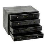 Dark wooden desk organizer with multiple drawers on a white background