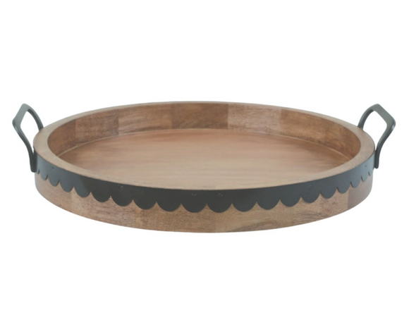 Wooden brown scalloped round tray with handles

Refresh your surroundings with personal mood and touch, decor thoughtfully curated for the Rustic Farmhouse collection. Made of wood, this serving tray is the perfect addition of character and charm for your living space.

Materials:
Wood, metal

Dimensions:
3 1/4