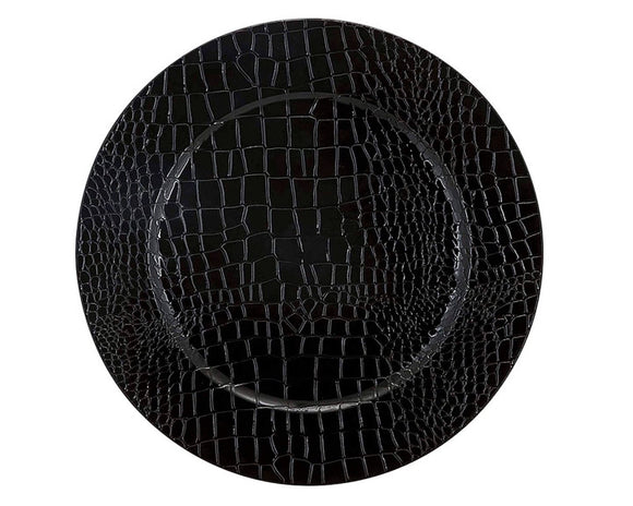 Black crocodile-patterned plate charger on a white background