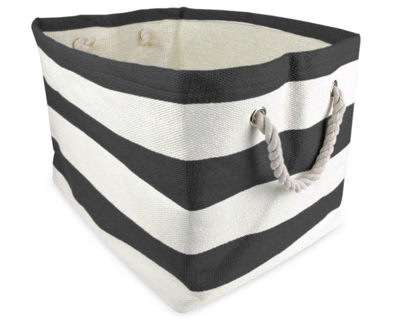 Black striped storage bin

This storage bin is an ideal solution for your home organization needs. Its elegant striped design adds a touch of sophistication to any room, while its generous size ensures ample storage. 

Materials:
Paper, fabric, rope

Dimensions:
12