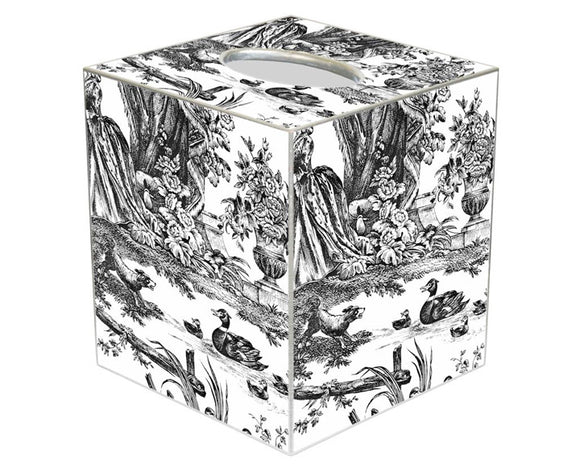 Decorative tissue box cover with black and white toile pattern on a white background