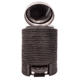 Black textured cylindrical wastebasket with a metallic top on a white background