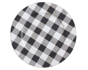 Black &amp; white buffalo check plate charger  Give your dinner table a stylish presentation update with this charger plate set in a timeless and classic buffalo plaid design. It adds the perfect country accent for the year-round use or holiday entertaining. Combine it with a solid runner or tablecloth and dinnerware to add the perfect contrast.&nbsp;  These chargers are sold individually or in lots of four.  Materials: Plastic  Dimensions: 14" in diameter overall  Care: Hand-wash only&nbsp;