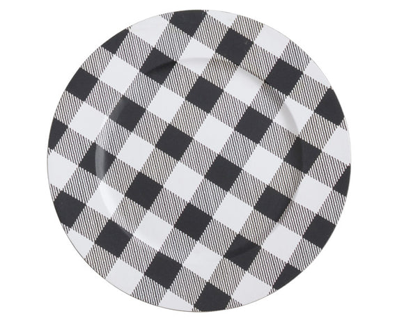 Black & white buffalo check plate charger  Give your dinner table a stylish presentation update with this charger plate set in a timeless and classic buffalo plaid design. It adds the perfect country accent for the year-round use or holiday entertaining. Combine it with a solid runner or tablecloth and dinnerware to add the perfect contrast.   These chargers are sold individually or in lots of four.  Materials: Plastic  Dimensions: 14