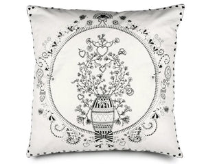 Black &amp; white flower pot throw pillow

Crisp cotton twill and a charming, Parisian-inspired design add polish to our generously sized pillow cover. Vase and circular framework are printed while branches and hearts are embroidered in black and silver. Special features include sequin hearts edge detailing and a black velvet back. A hidden zipper closure with decorative pull completes the look.

Materials:
Cotton

Dimensions:
24" wide x 24" high