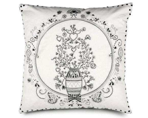 Black & white flower pot throw pillow

Crisp cotton twill and a charming, Parisian-inspired design add polish to our generously sized pillow cover. Vase and circular framework are printed while branches and hearts are embroidered in black and silver. Special features include sequin hearts edge detailing and a black velvet back. A hidden zipper closure with decorative pull completes the look.

Materials:
Cotton

Dimensions:
24