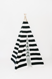 <br>This whimsical indoor-only play tent features soft pima cotton, bold black and white stripes, white pom-pom fringe, and ties with four wooden poplar rods to hold it up. It can easily folded up like an umbrella for storage. This would be a great gift for a child who loves to read and enjoys imaginative play.<br><br>This item is proudly made in the USA. E&E Teepees