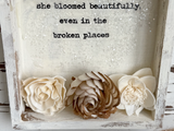 Floral wood shadowbox

Add charm and inspiration to your shop’s shelves with this handcrafted floral wood shadowbox, a perfect accent for any home decor collection. Each shadowbox is lovingly handmade with high-quality wood and features a hand-painted background with a warm, rustic finish. The heartfelt statement, "She bloomed beautifully even in the broken places" completes the look.

Materials:
Wood, wood flowers, vinyl, glitter, hanging hardware

Dimensions:
5" wide x 5" high
