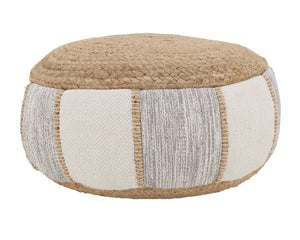 Woven coastal farmhouse jute pouf&nbsp;

This trendy pouf adds a modern bohemian style to your interior home decor. It features a balanced combination of jute and cotton in shades of tan, cream, and blue, giving your space a relaxed organic look.&nbsp;

Materials:
Jute, cotton

Dimensions:
10" high x 20" diameter