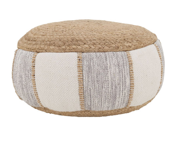 Woven coastal farmhouse jute pouf 

This trendy pouf adds a modern bohemian style to your interior home decor. It features a balanced combination of jute and cotton in shades of tan, cream, and blue, giving your space a relaxed organic look. 

Materials:
Jute, cotton

Dimensions:
10