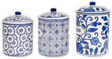 Set of three ceramic jars with blue and white patterns on a white background