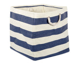 Blue and white striped storage basket with a handle on a white background