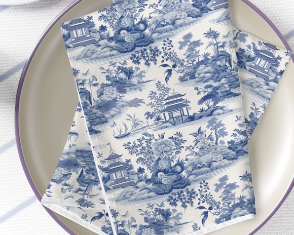 Blue toile chinoiserie bird napkins
*Made to order*

Bring charm and nostalgia to your table with this elegant set of toile napkins. They retain their vibrant colors with state-of-the-art printing techniques that provide bright and crisp colors matching imaginative designs. These napkins make a perfect statement for entertaining, housewarming and tabletop decor for dinner parties, brunch and weddings.

These napkins are proudly made in the USA.

These napkins are sold individually or in sets of four.

Mater