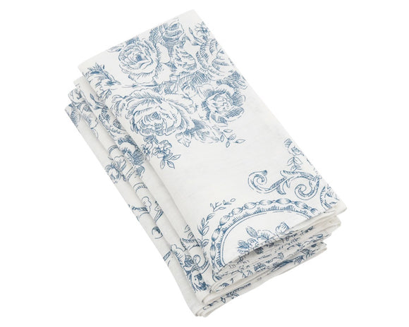 Set of classic blue toile floral linen napkins