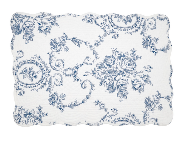 Quilted blue toile floral table placemat

These quilted toile floral placemats adds character and charm to your table. Designed to elevate everyday dining or special occasions alike, it features a quilted design and a blue floral toile pattern atop a white background. It's finished with a scalloped edge.

This placemat is sold individually or in sets of four.

Materials:
Cotton

Dimensions:
14