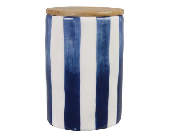 Cylindrical container with blue and white striped design and wooden lid on a white background