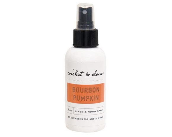 This 4-ounce bottle of room spray features the scent of sweet and seasonal blend of pumpkin, cinnamon, clove, and warm notes of bourbon. The spray is packaged in a white bottle with a black spray nozzle and cap, as well as a chic sticker label. Spritz this spray onto bed sheets, blankets, pillows, rugs, and around any room in the home for a clean and uplifting ambience. This is a great product to add to a gift basket.

This item is proudly made in the USA.