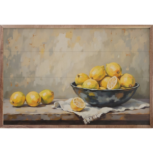 Framed bowl of yellow lemon wall hanging artwork
*Made to order*

This unique piece is a simple way to bring beauty and charm to any wall or shelf within the home. It is made from high quality American hardwood planks with a hand-painted face and is framed in a natural walnut frame. Each piece is unique with its own personality, marks, wood grain, and look.&nbsp;

This item is proudly made in the USA.

Materials:
Wood

Dimensions:
16" high x 24" wide