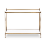 Antique brass glass console table

Add traditional style to an entryway with this gorgeous console table. It features a metal frame in an antique gold-toned brass finish and glass shelving. This table would work perfectly with chinoiserie vase filled with fresh flowers and a candlescape.&nbsp;

Materials:
Glass, metal

Dimensions:
30" high x 13 1/2" deep x 39" long