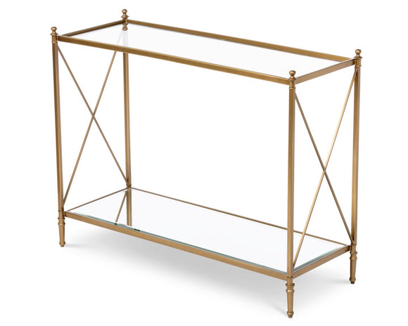 Antique brass glass console table

Add traditional style to an entryway with this gorgeous console table. It features a metal frame in an antique gold-toned brass finish and glass shelving. This table would work perfectly with chinoiserie vase filled with fresh flowers and a candlescape. 

Materials:
Glass, metal

Dimensions:
30