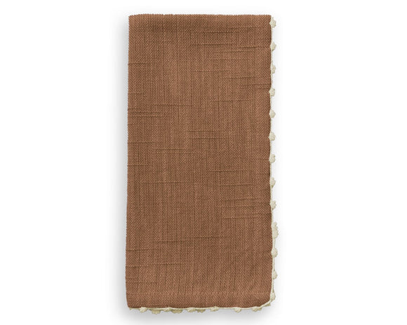 Brown knotted edge raw umber cloth napkin

Our knotted edge napkin is made from 100% cotton woven chambray. Adorned with an elegant cream trim, it pairs perfectly with neutral tones. Transform your table into a work of art with this joyful napkin.

Due to the dying process, colors my slightly vary between batches. It is recommended to buy all of the napkins you need at once.

These napkins are sold individually, as well as in lots of four, lots of six, lots of 12, and lots of 20.
