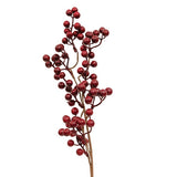 A single decorative branch with clusters of small glossy dark red berries on a light brown stem, isolated on a white background.