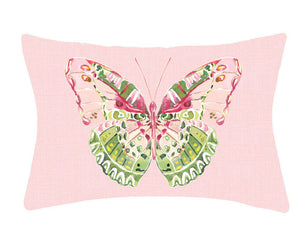 Add classic charm to your daughter's room with this adorable lumber pillow. It features a hot pink and green butterfly atop a light pink solid background. This pillow would look great on a twin bed or glider.&nbsp;

Materials:
Linen, polyester fill

Dimensions:
12" high x 18" wide
