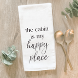White 'The Cabin Is My Happy Place' kitchen towel
*Made to order*

Our cotton tea towels are heavy-weight, highly absorbent, and lint-free. This design features the phrase the "The cabin is my happy place" printed with water-based ink atop a white background. These are perfect for year-round use and make for a great gift.

This item is proudly made in the USA.&nbsp;

Materials:
Cotton

Dimensions:
27" wide x 27" long

Care:
Machine-washable, tumble try&nbsp;