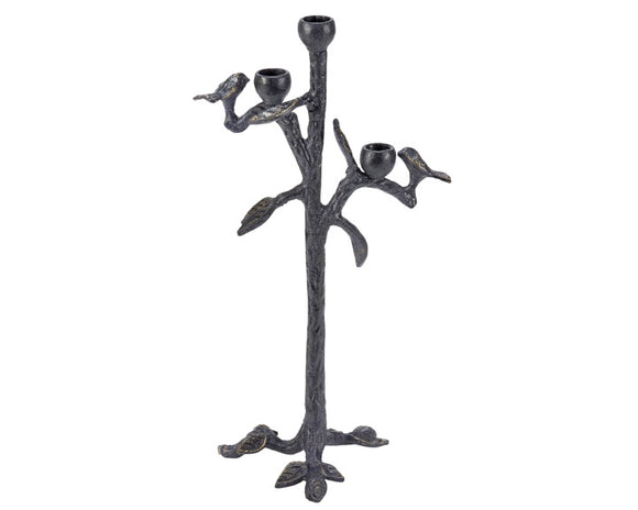 Decorative black metal candle holder shaped like a branch with birds on a white background