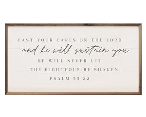 Rustic 'Cast Your Cares' Psalm 55:22 wall sign
*Made to order*

This unique piece is a simple way to bring beauty and charm to any wall or shelf within the home. It is made from high quality American hardwood planks with a hand-painted face featuring wooden branches, and printed with UV cured ink. It is framed in a natural walnut frame. Each piece is unique with its own personality, marks, wood grain, and look.&nbsp;

This item is proudly made in the USA.

Materials:
Wood, hanging hardware
