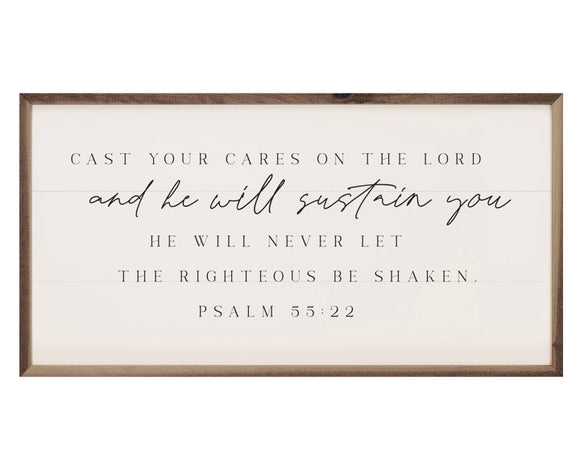 Rustic 'Cast Your Cares' Psalm 55:22 wall sign
*Made to order*

This unique piece is a simple way to bring beauty and charm to any wall or shelf within the home. It is made from high quality American hardwood planks with a hand-painted face featuring wooden branches, and printed with UV cured ink. It is framed in a natural walnut frame. Each piece is unique with its own personality, marks, wood grain, and look. 

This item is proudly made in the USA.

Materials:
Wood, hanging hardware
