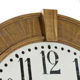 This extra large wood-framed wall clock is built by hand and features a hand-painted natural wood finish and painted face. At almost 4 feet round in diameter, this clock is perfect for a two-story great room.&nbsp;

Materials:
Wood, plastic, metal

Dimensions:
3 1/2" deep x 42 1/2" diameter

This clock requires one AA battery.