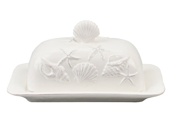 Crafted with meticulous attention to detail, this ceramic butter dish is perfect for a beach house. It features creamy white sea shells and starfish along the side and is topped with a shell-shaped knob on top. This is a great gift for the beach lover in your life.
