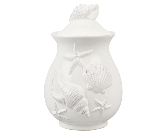 Crafted with meticulous attention to detail, this ceramic cookie jar is perfect for a beach house. It features a white seashell design along the front and a shell as the handle. This cookie jar coordinates with several other coastal-themed kitchen pieces. Pair them together for a wonderful beach-themed gift.

Materials:
Ceramic

Dimensions:
4