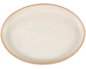 Cream stoneware serving platter&nbsp;

This durable stoneware platter features a cottage cream color on the outside and inside with bare ceramic accents on the rim. This platter is microwave, dishwasher, and food safe for convenient use. It is an elegant piece of tableware perfect for everyday gatherings.

Materials:
Stoneware

Dimensions:
9" wide x 1" deep x 12 1/2" long